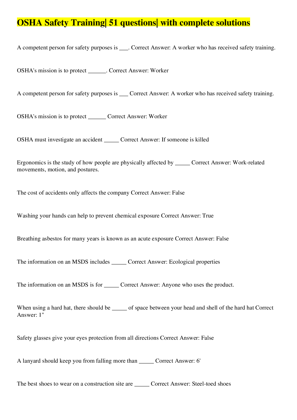 OSHA 30 Construction Test Answer Key FALL HAZARDS ClickSafety Redvector